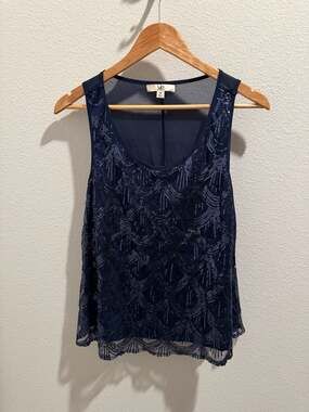 Ya Los Angeles Navy Blue Sequin Scalloped Mesh Tank Top